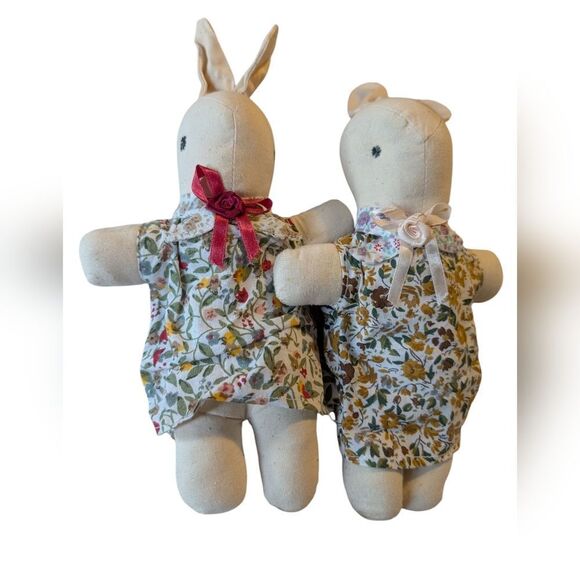 Vintage Homespun‎ Easter Floral Plush Bunnies Cottage Core - Picture 1 of 7